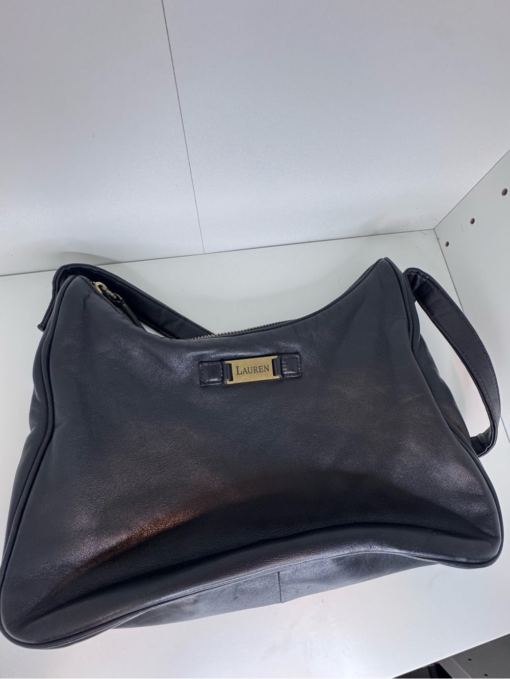 Vintage Lauren Ralph Lauren Black Leather Shoulder Hobo Bag 12x9 Brass Logo
